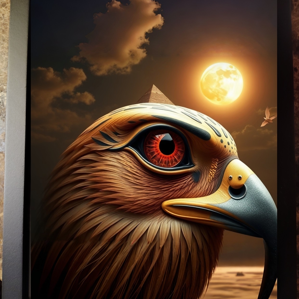 Falcon Art Print with Sun and Pyramid In A Glass Front Frame 8x10